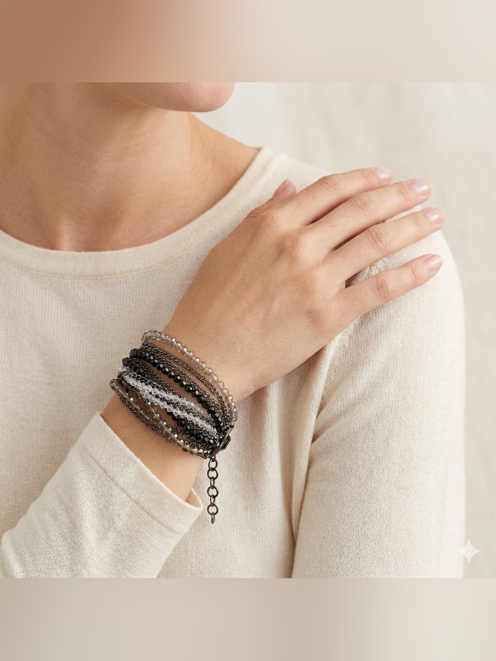 Mexx Vintage Multi Strand Black Clear Grey Beaded Chainlink Statement Bracelet